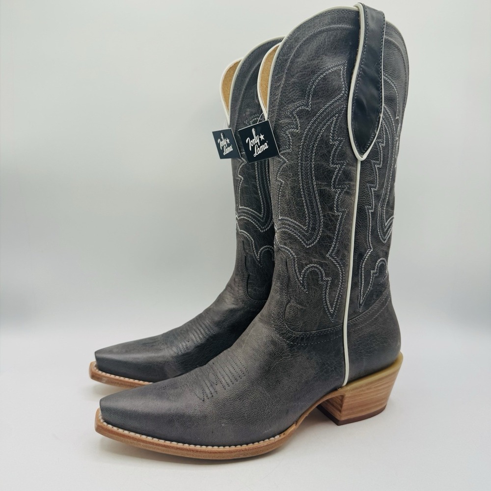 Tony Lama Val Boots Women's Size 7.5 B Grey Leather White‎ Snip Toe